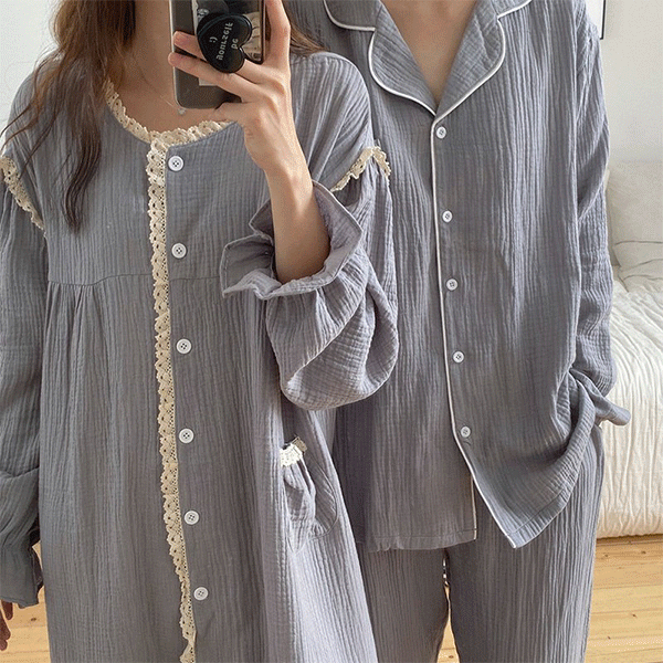 River 라인 파자마 셋업 &amp; 원피스 #1650 레이스 원피스 잠옷 보들보들 아방핏 오버핏 간절기 커플 코튼 시밀러 홈데이트 홈파티 