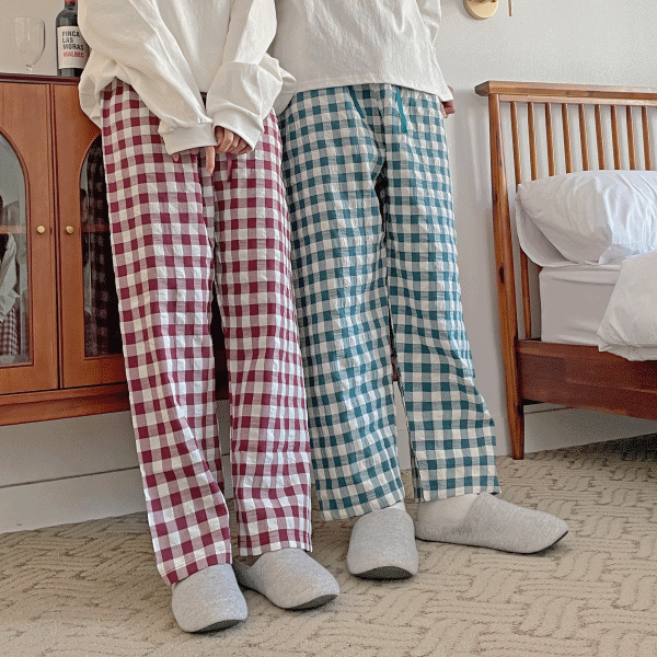 [2사이즈/4컬러/2패턴] 모노 체크 파자마 팬츠 #1781  넉넉핏 롱팬츠 와이드핏 보들보들 파스텔톤 홈웨어 면 코튼 밴딩 잠옷 바지 톤다운 쿨톤 커플 시밀러 홈데이트 