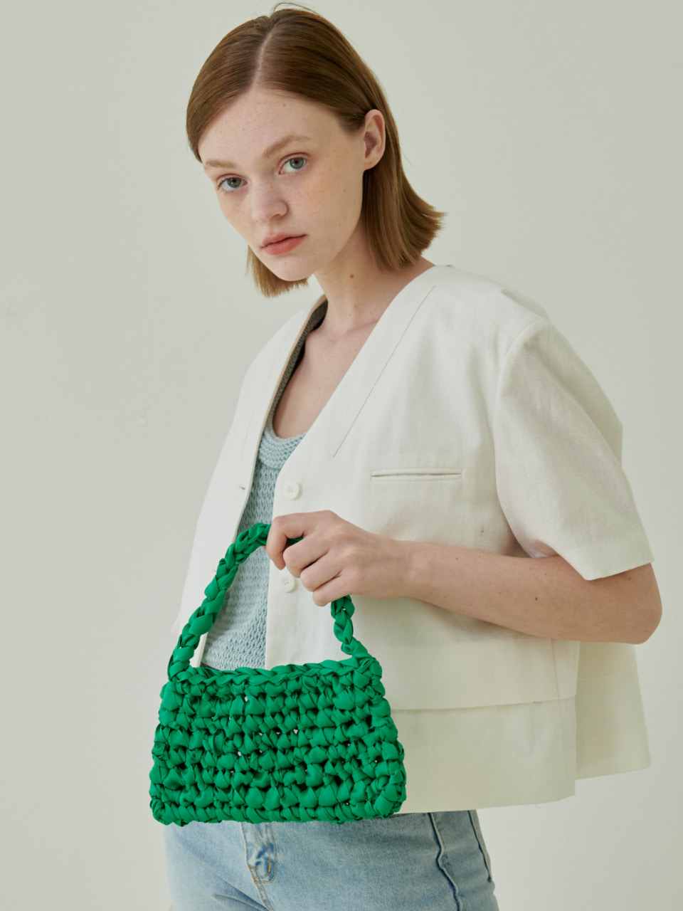 Ribbed  Square Net Tote_Green