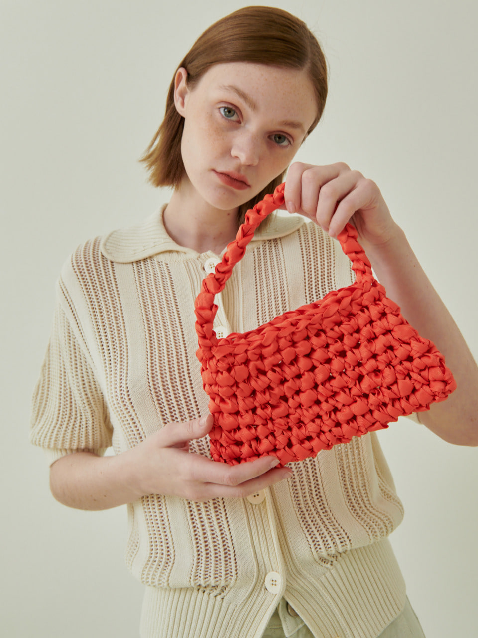 Ribbed  Square Net Tote_Coral