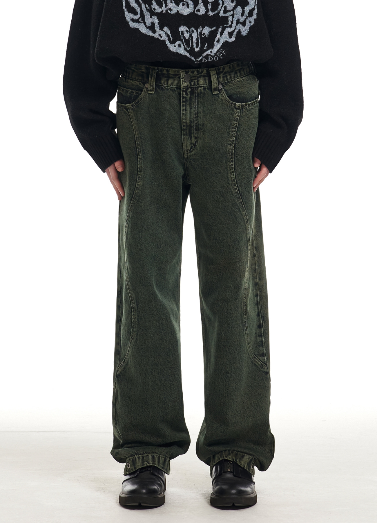COLOR DYED INCISION DENIM PANTS GREEN