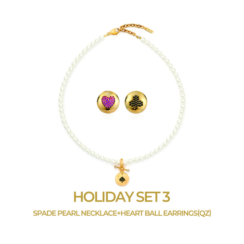 HOLIDAY SET 3 . Spade Pearl Necklace+Heart Ball Earrings(QZ)