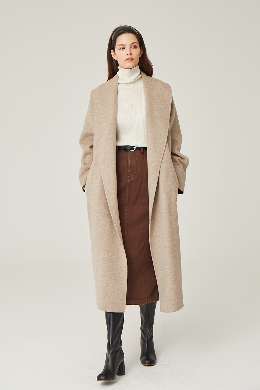 [김나영, 이주빈, 임수정 착용]VEJLE Cashmere blended shawl collar belted hand-made long coat (Oatmeal)