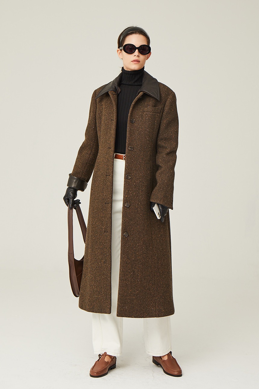 [이선빈 착용] VIBORG Leather collar single long coat (Brown herringbone)