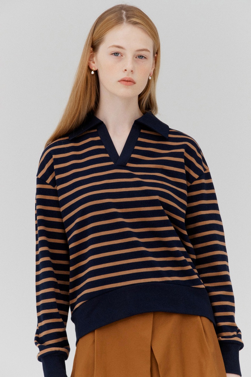 SORAE V-neck collar stripe sweatshirt (Navy&Camel)