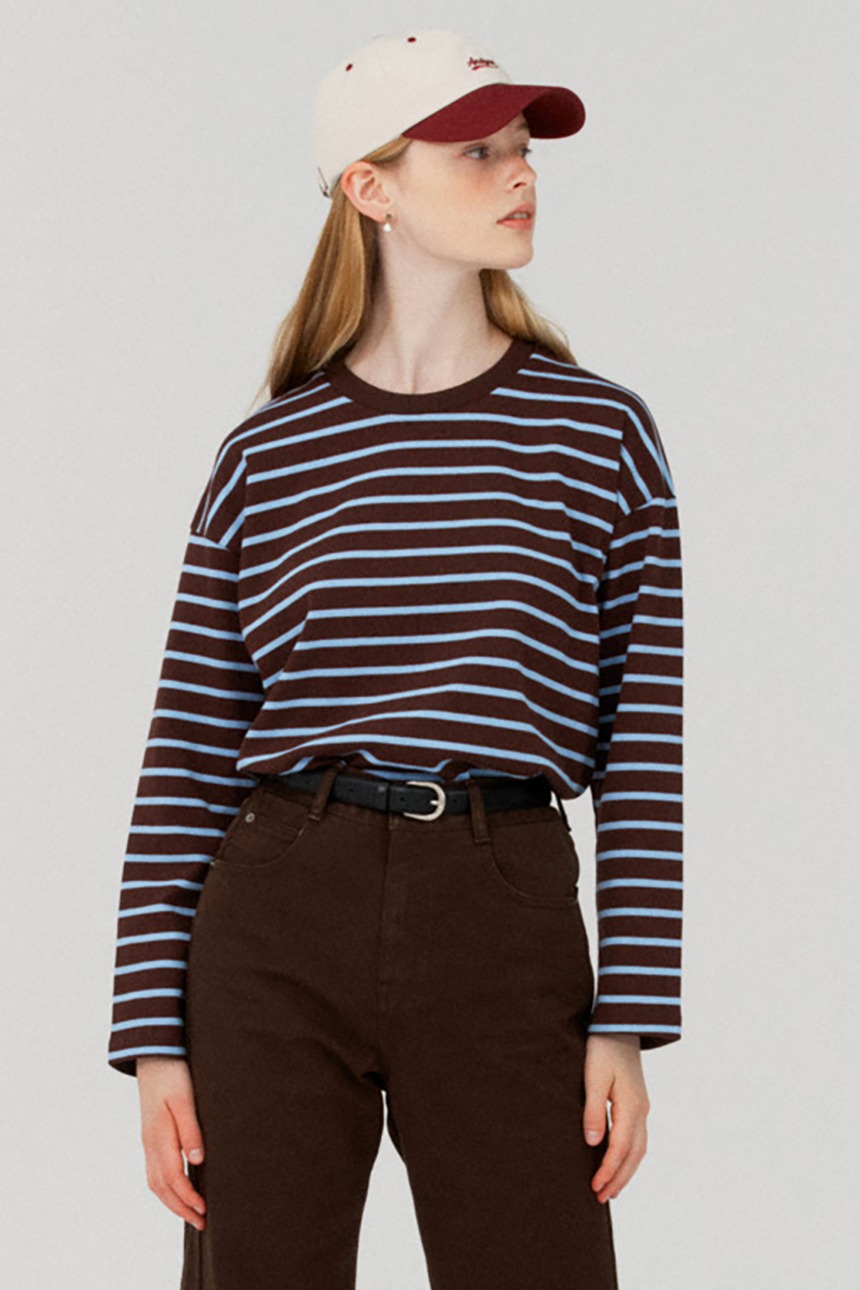 [김나영 착용]HOMIGOT Basic stripe T-shirt (Brown&amp;Sky blue)
