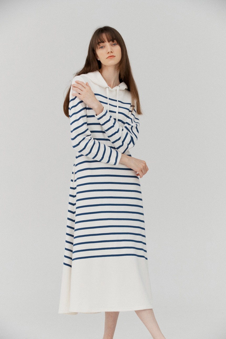 WOLGOT Hoodie maxi stripe dress (White&amp;Blue)