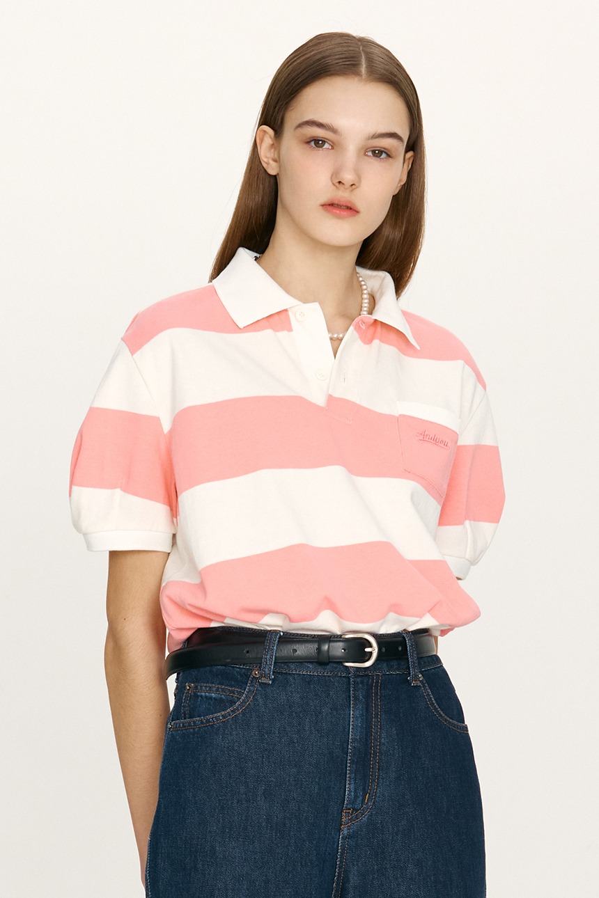 HANAUMA Collar stripe T-shirt (Pink)
