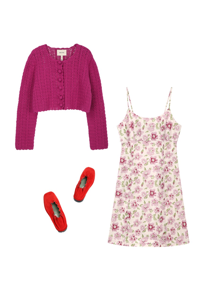 [SET]HAWI Cropped crochet cardigan (Magenta) + MONSARRAT Sleeveless mini dress(Pink Flower)