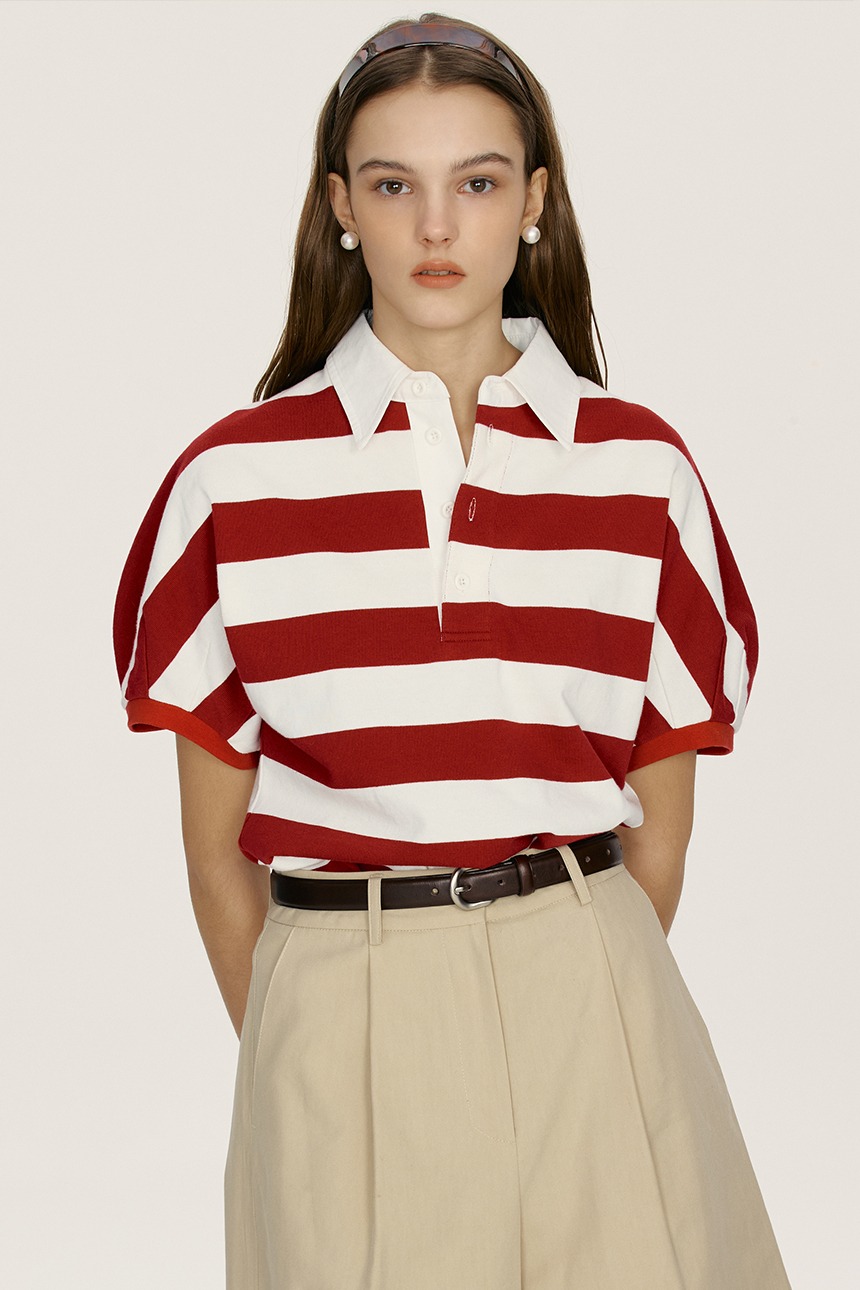 [이현이 착용]GIMNYEONG Collar T-shirt (Red big stripe)