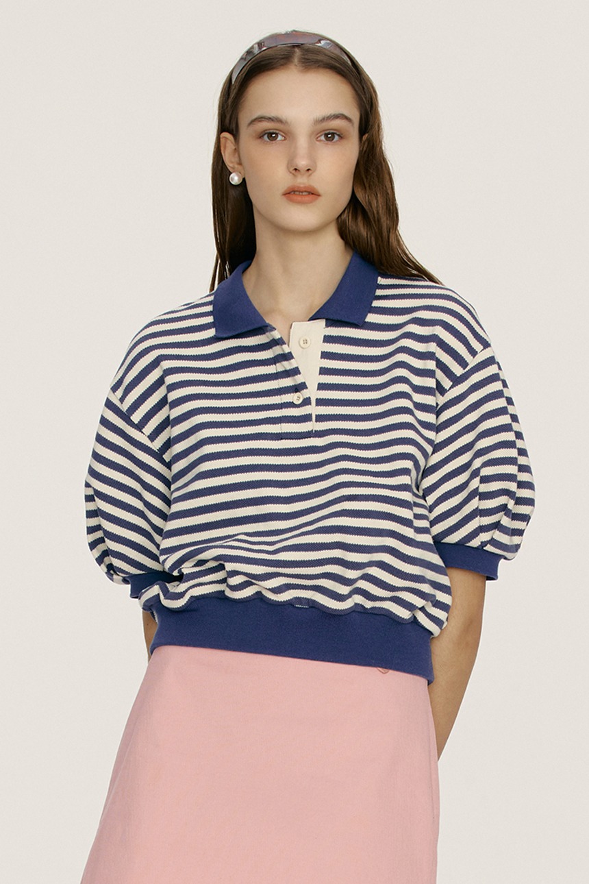 [6/8 예약배송]BAGLEY Stripe crop collar T-shirts (Purple navy)