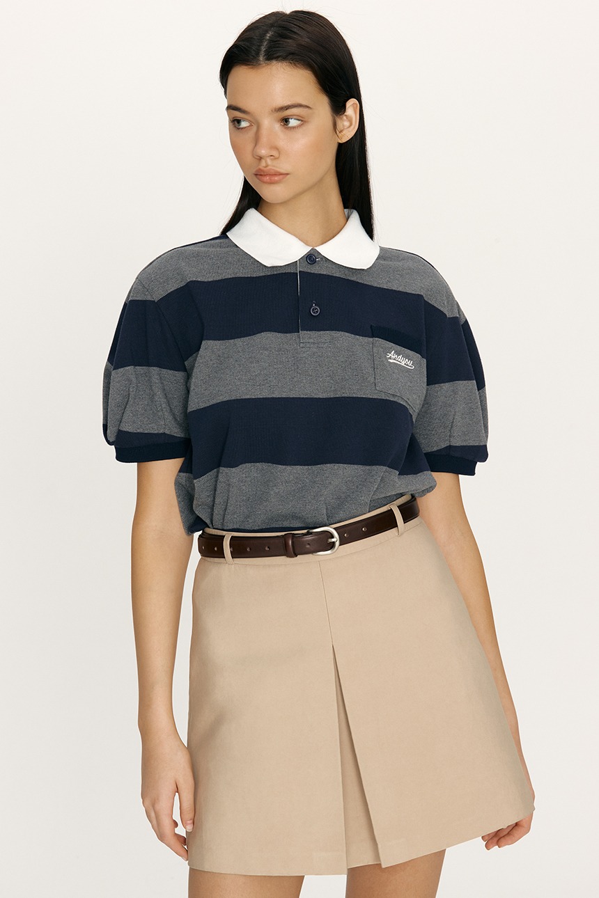 [설현,김세정 착용]HANAUMA Collar stripe T-shirt (Navy&amp;Gray)