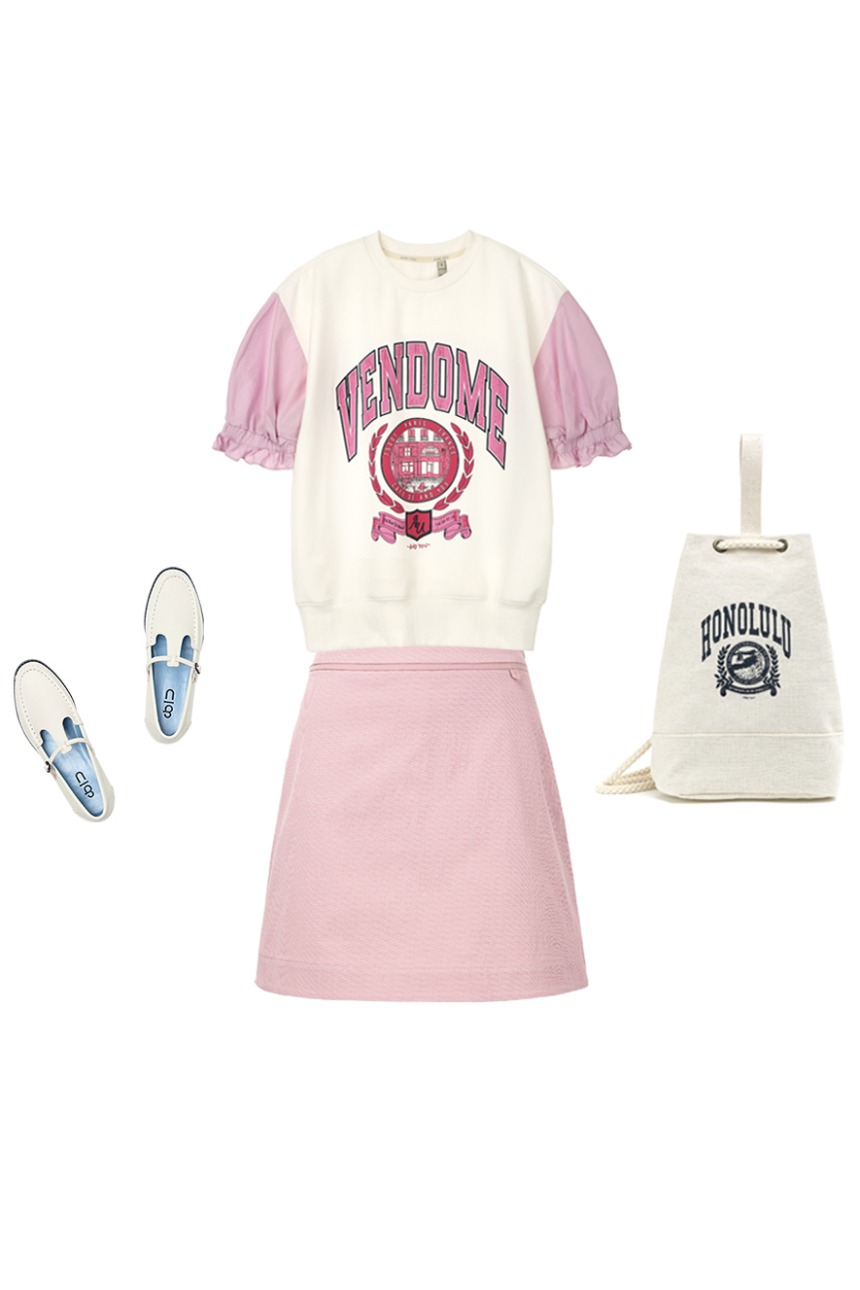 [SET]VENDOME Frill sleeve city artwork sweatshirt (White&amp;Pink) + KUKIO A-line mini skirt (Ballerina Pink)