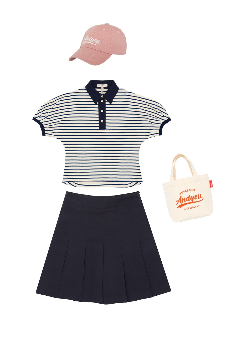 [SET] GIMNYEONG Collar T-shirt (Blue stripe) + MOSEULPO Pleated skirt (Navy) + SEONYUDO Basic logo ball cap (6colors 택 1) + YULDONG tote bag (증정)