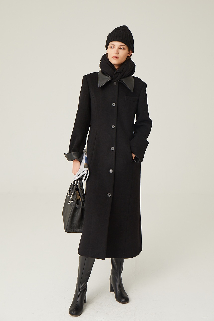 VIBORG Cashmere blended leather collar single long coat (Black)