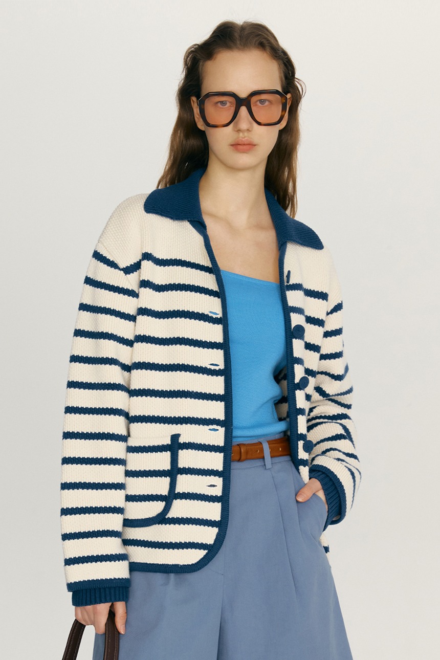 LUCKY Stripe Knit Cardigan (Ivory&amp;Navy blue)