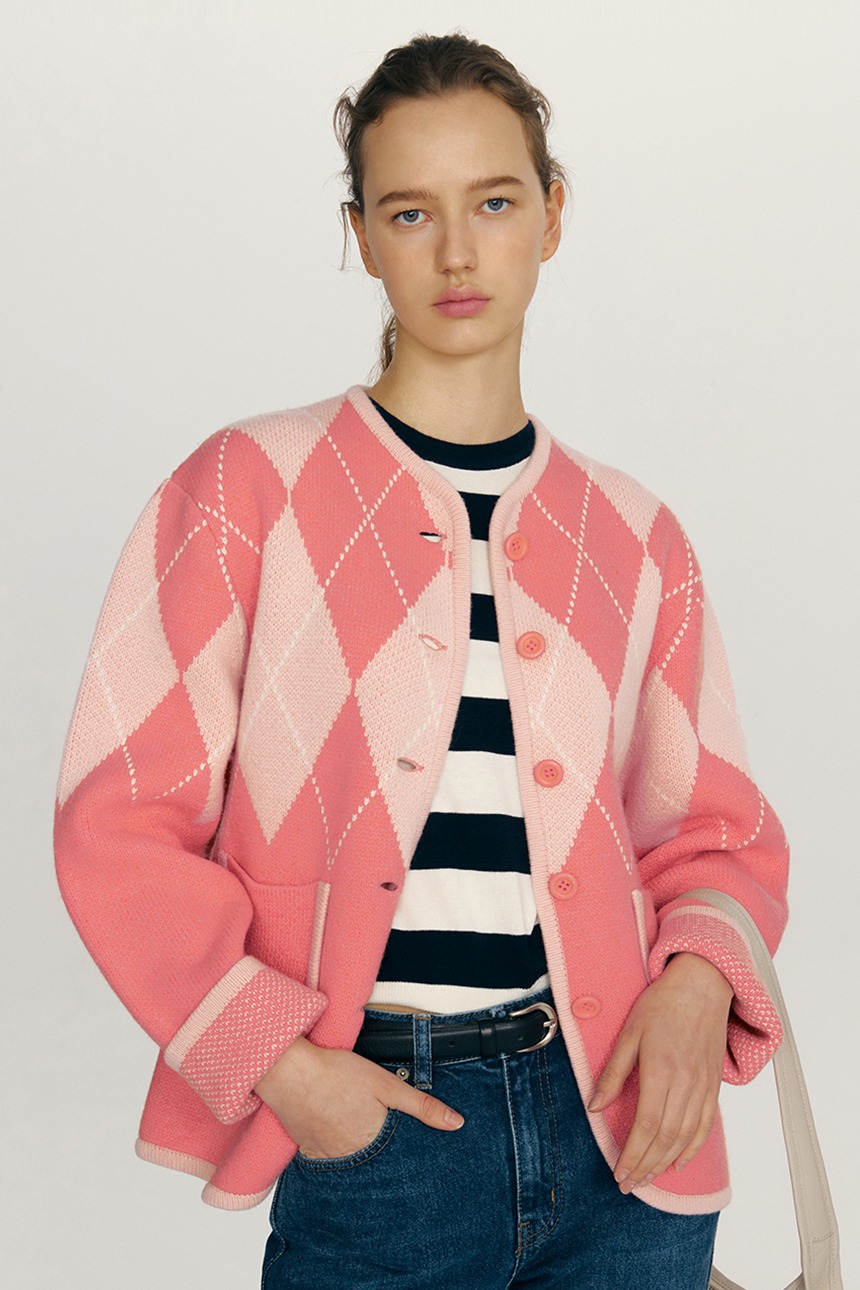 HAPPINESS Argyle knit cardigan (Coral pink&amp;Baby pink)