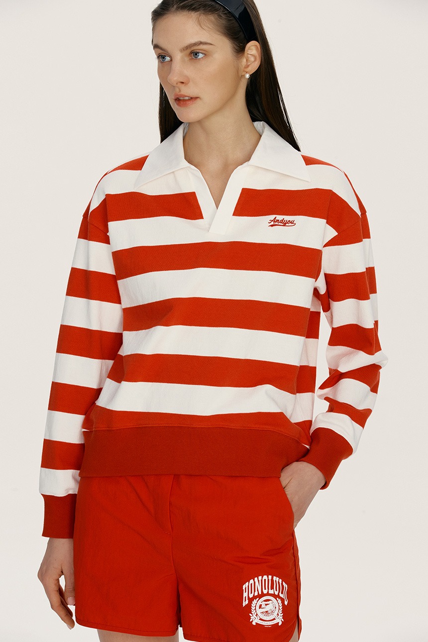 [김세정 착용]SORAE V-neck collar stripe sweatshirt (Red&amp;White)