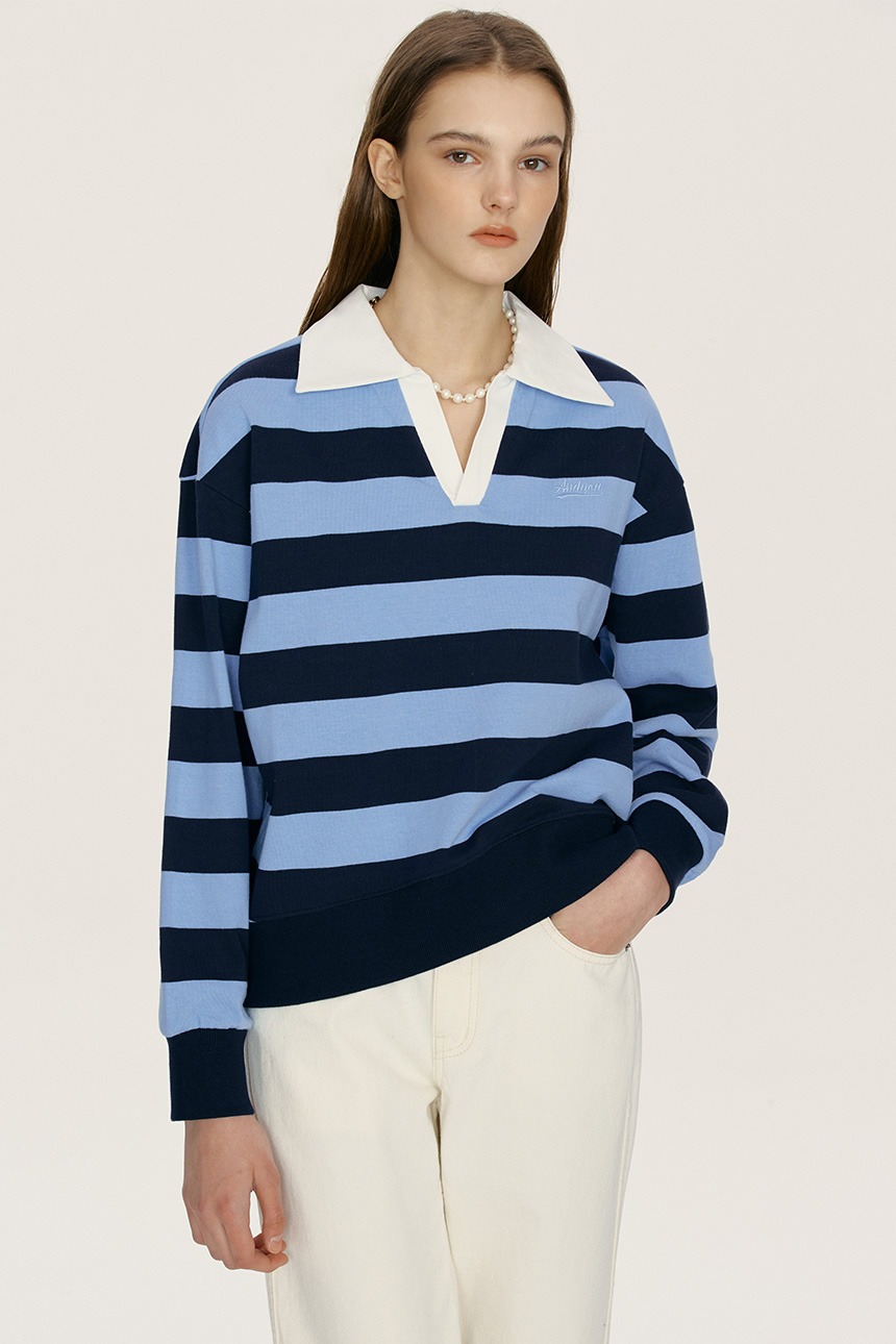 SORAE V-neck collar stripe sweatshirt (Blue&amp;Navy)