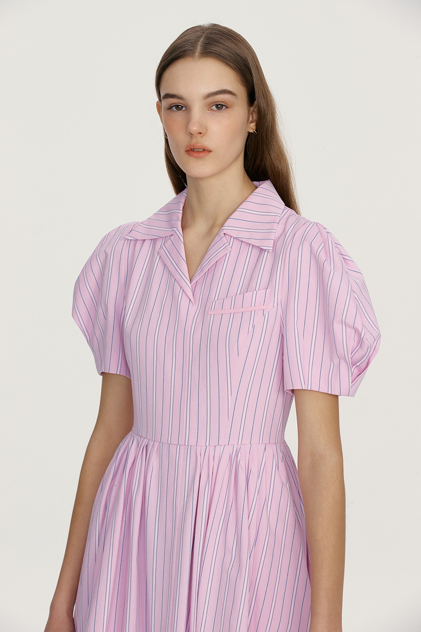 NORTH SHORE Notched collar puff sleeve dress (Pink stripe)
