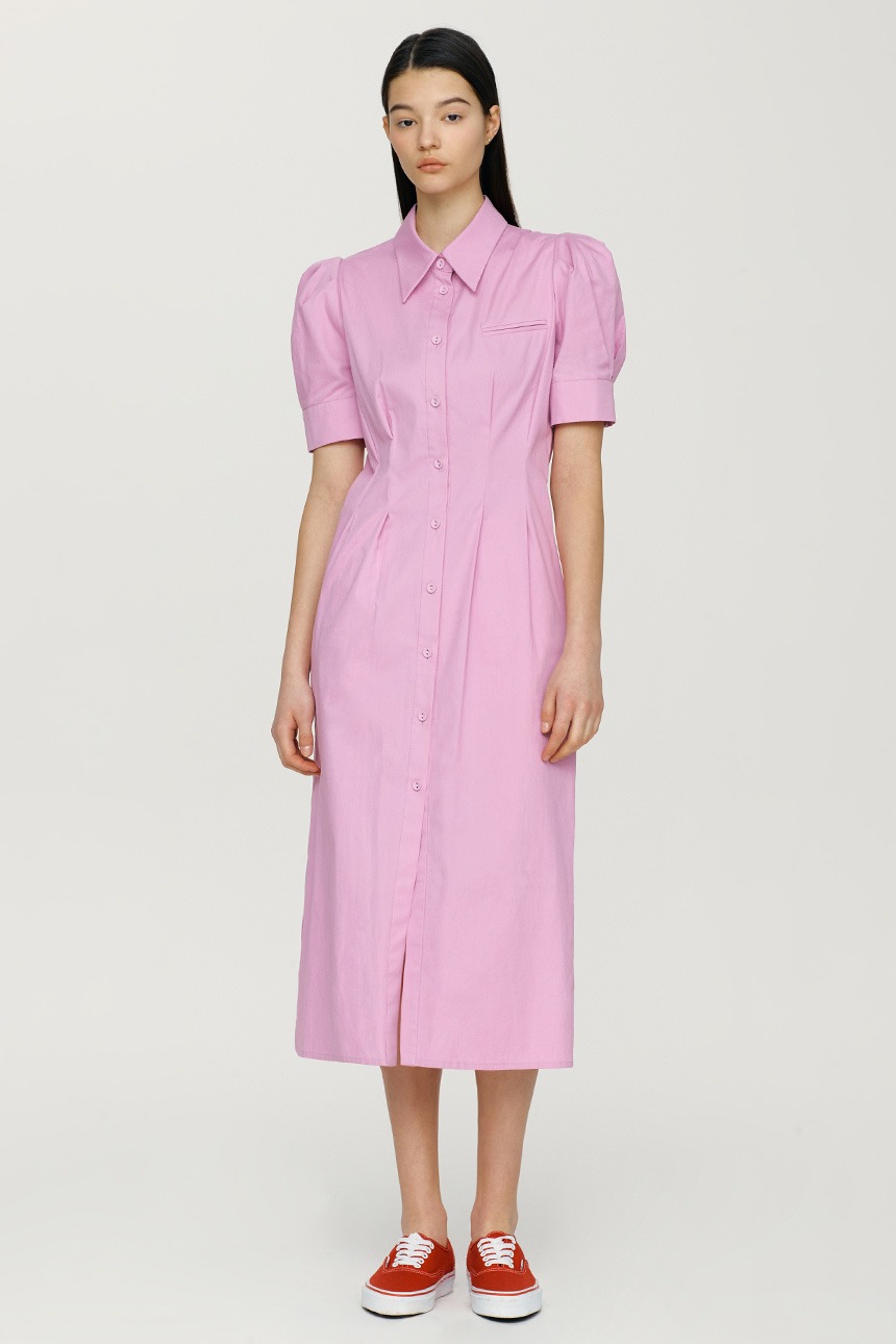 [신민아 착용]FAIRFAX puffed shoulder waist tuck detail shirt dress (Pink)