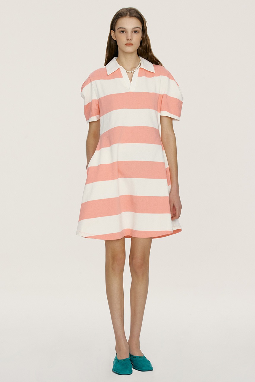 [2size 7/6 예약배송]POLOLU V-neck collar stripe short dress (Pink)