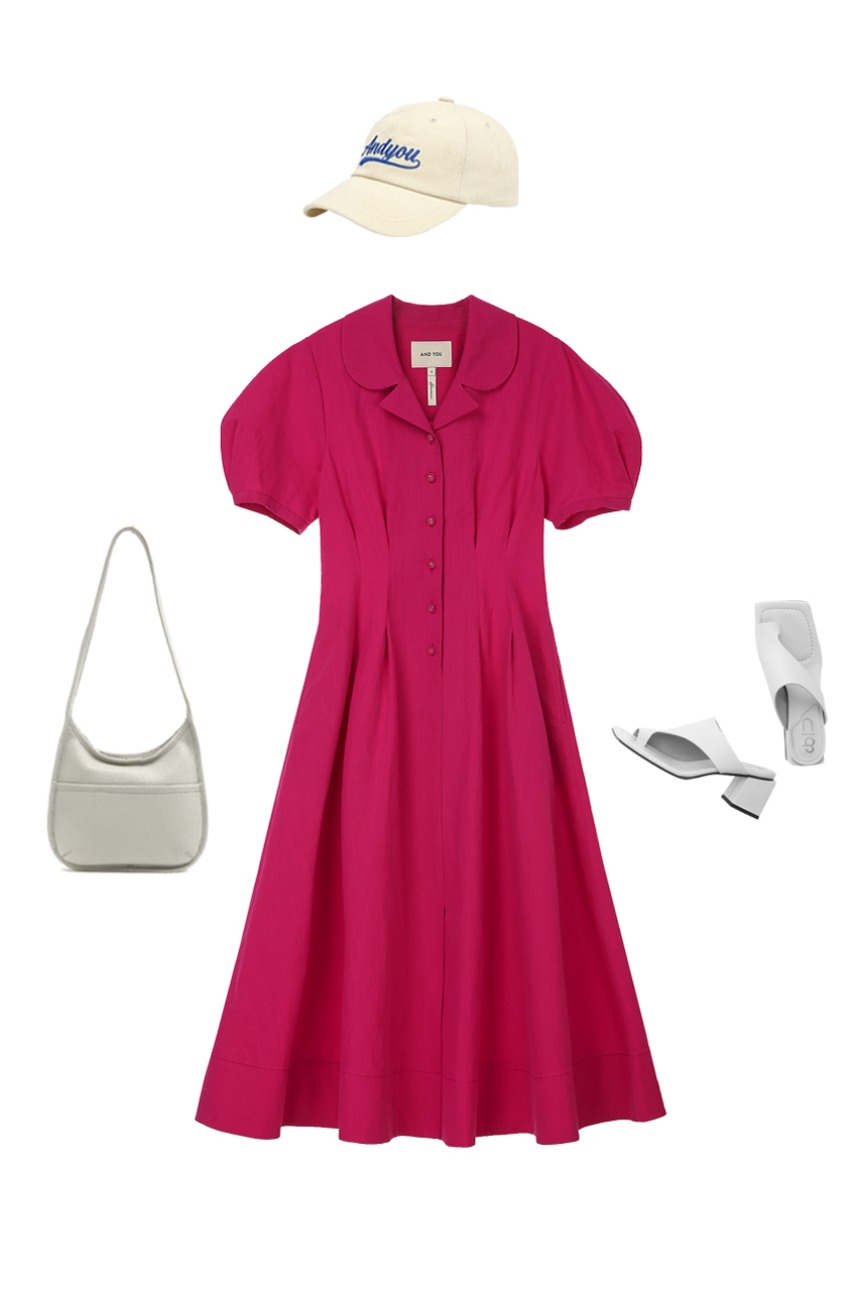 [SET]OAHU Round collar puff sleeve dress (Magenta) + SEONYUDO Basic logo ball cap (4colors 택1 증정)