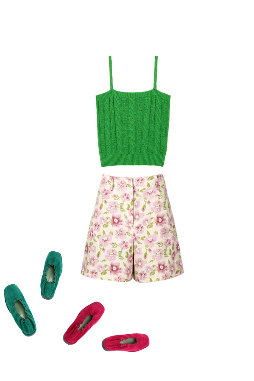 [SET]KAKAAKO Sleeveless ribbed knit camisole (Pine green) + PUPUKEA High-rise shorts (Pink flower)