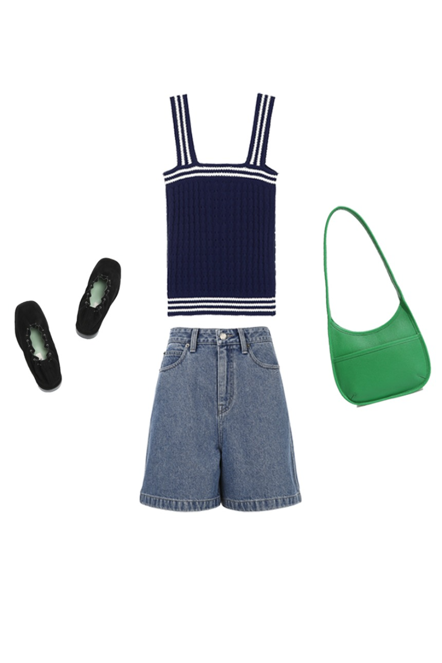 [SET]KAHUKU Sleeveless knit top (Navy&amp;White) + KOHALA High-rise half denim pants (Mid blue)