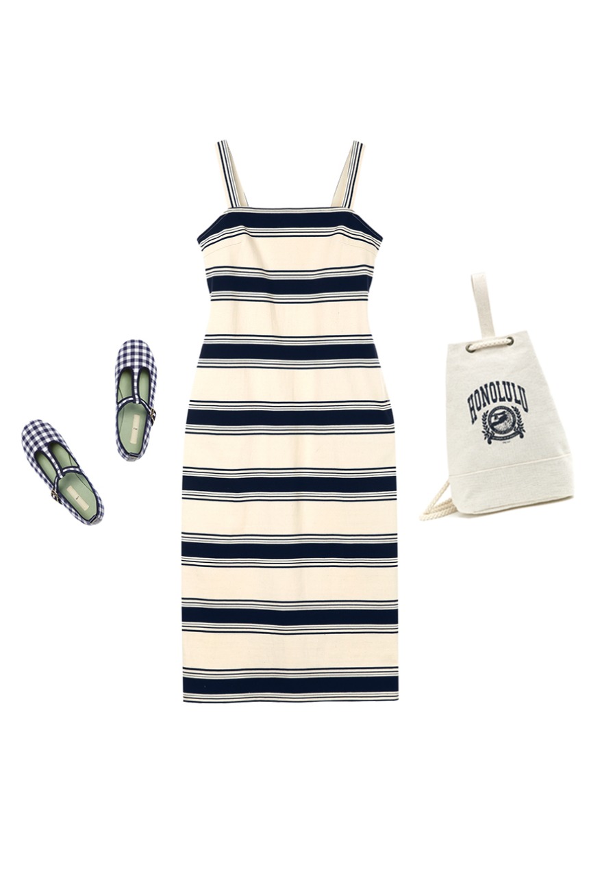 [SET]SANDY Striped maxi dress (Ivory&amp;Navy) + HONOLULU Vintage city artwork bag (Cream)