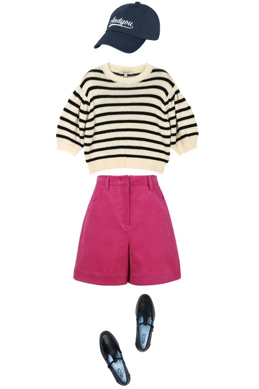 [SET]MOANA Cropped stripe knit top (Ivory&amp;Black) + PUPUKEA High-rise shorts (Hot pink corduroy)