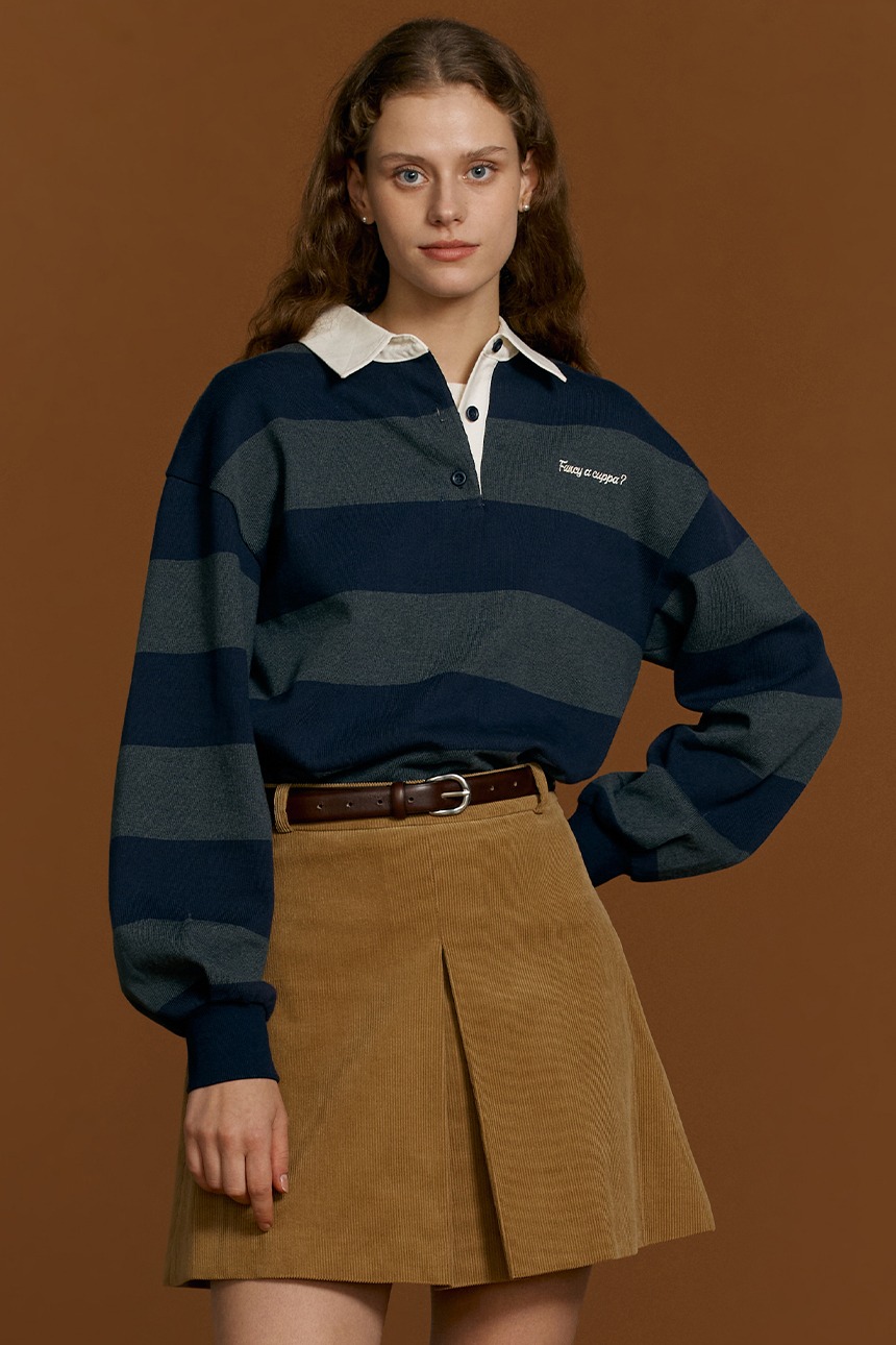 [SET]KINGS CROSS Stripe collar sweatshirt (Charcoal) + MAILI A-line corduroy skirt (Camel)