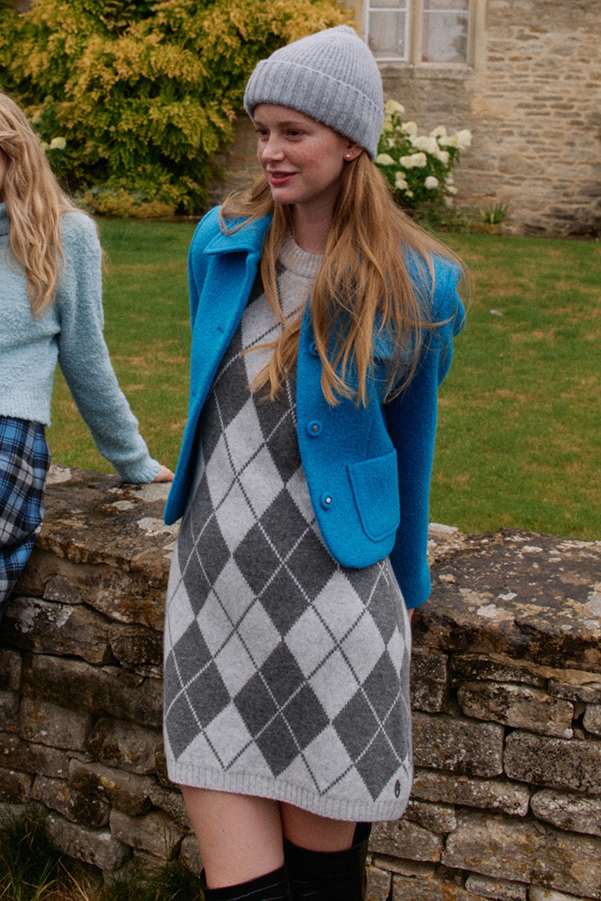 [SET]NOTTING HILL Boucle wool jacket (Turquoise blue) + PICCADILLY Argyle wool knit one piece (Gray)