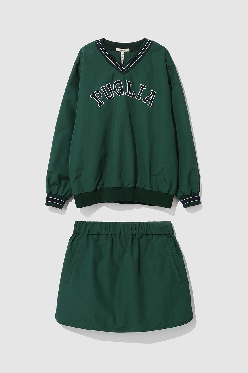 [SET]PUGLIA V-neck pullover windbreaker + LAZIO Banding mini skirt (Green)
