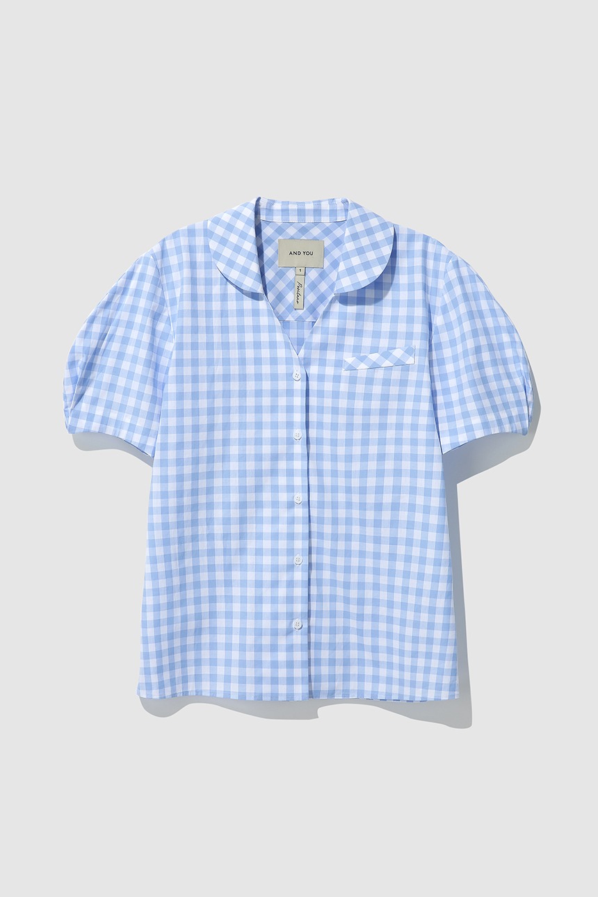 PUNALUU Puff sleeve round collar shirt (Blue gingham check)