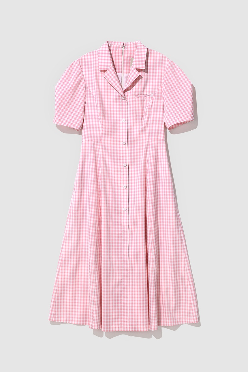 LATINA Notched collar A-line long one piece (Pink gingham check)