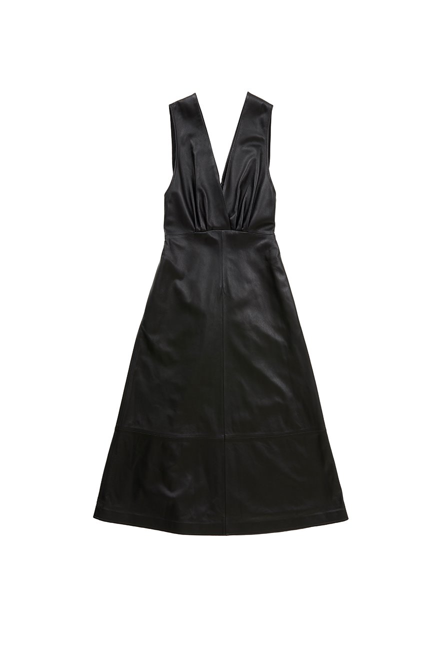 GWANGHWAMUN V-neck leather dress (Black)