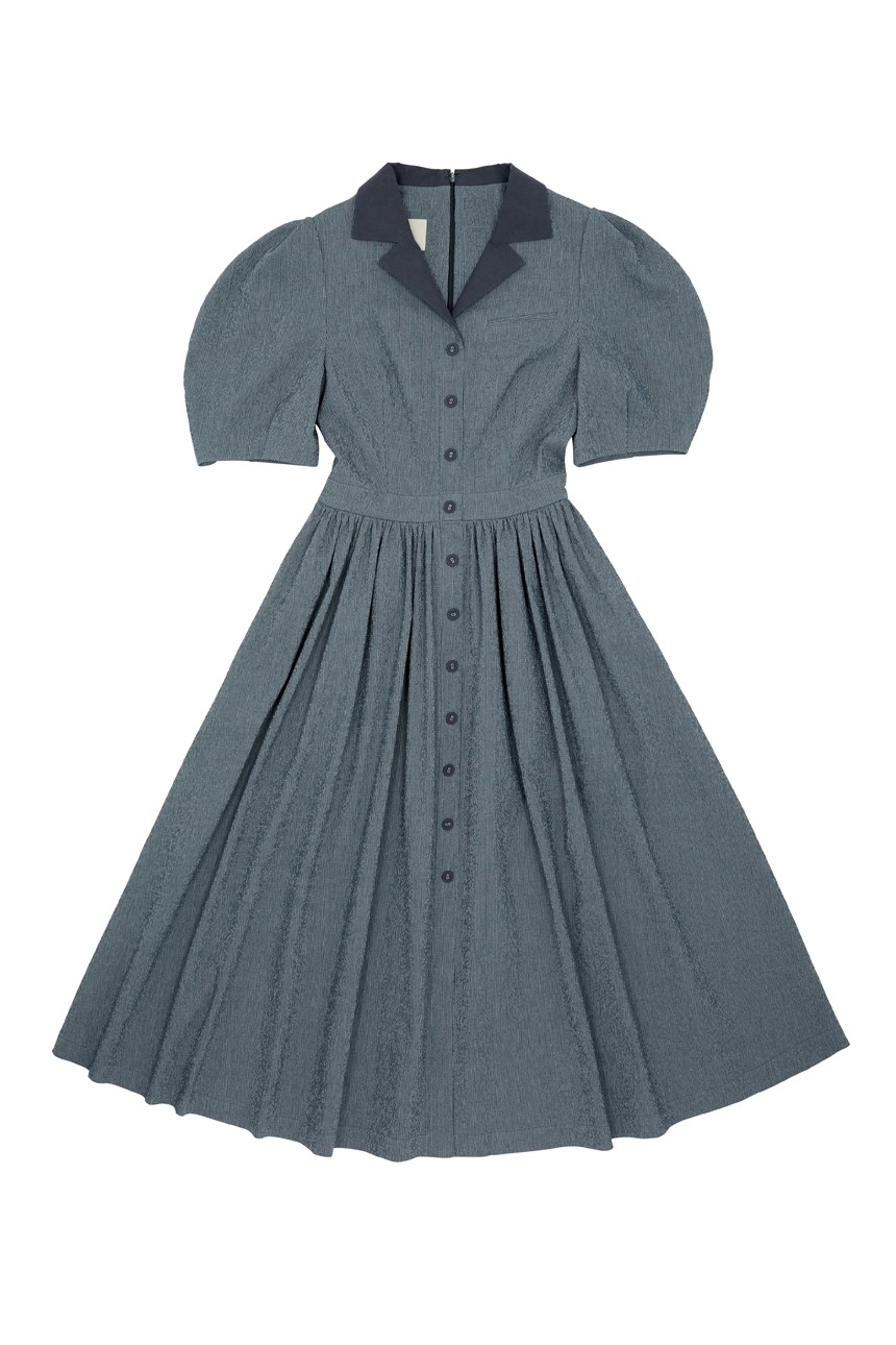 [정은채 착용]HOLLYWOOD Shirred waist detail dress (Navy stripe)