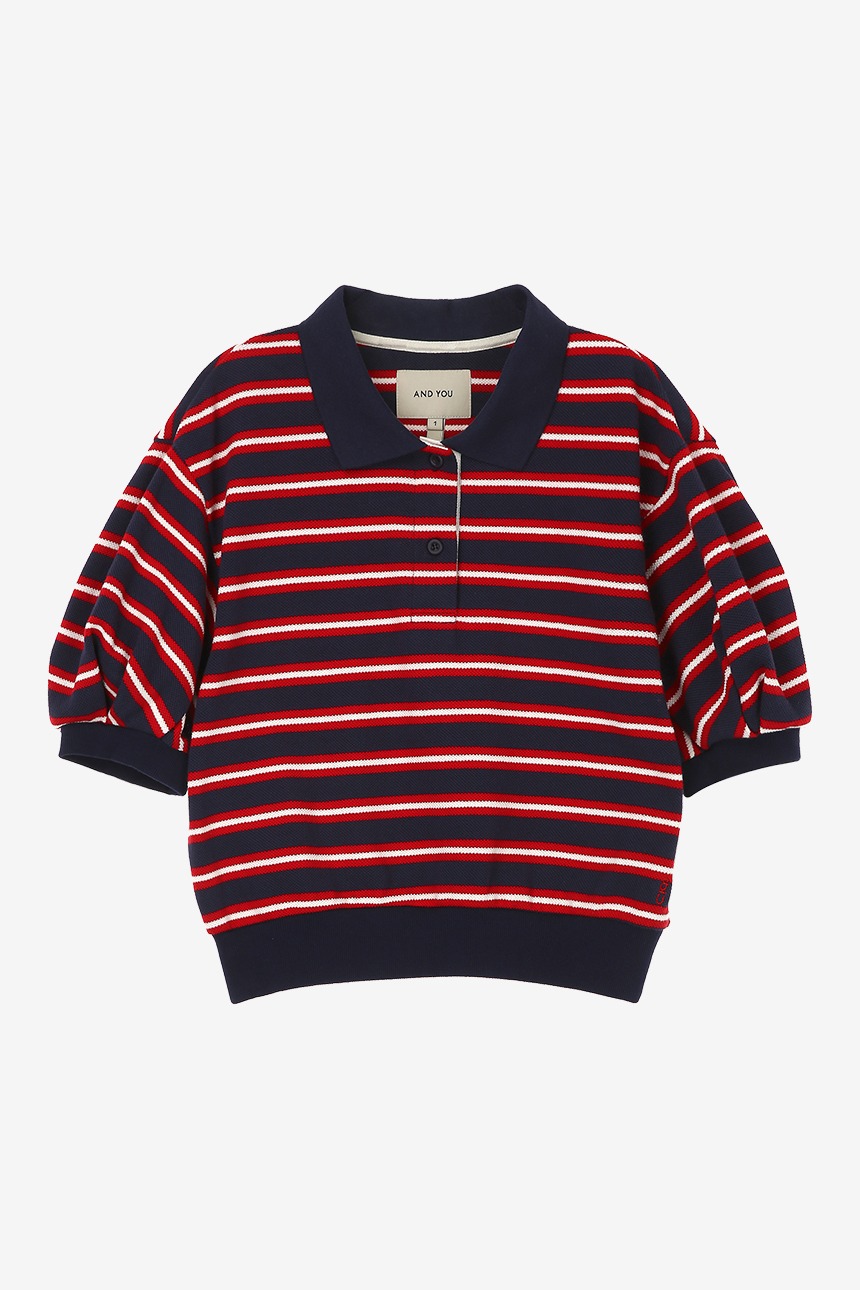 [6/8 예약배송]BAGLEY Stripe crop collar T-shirts (Navy&amp;Red)