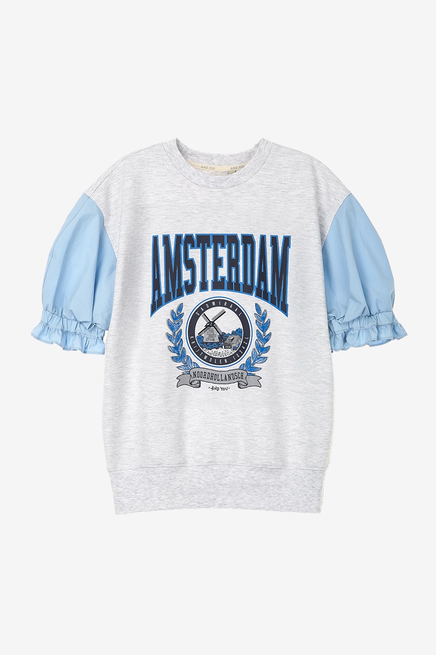 AMSTERDAM Frill sleeve city artwork sweatshirt (Melange gray&amp;Blue)