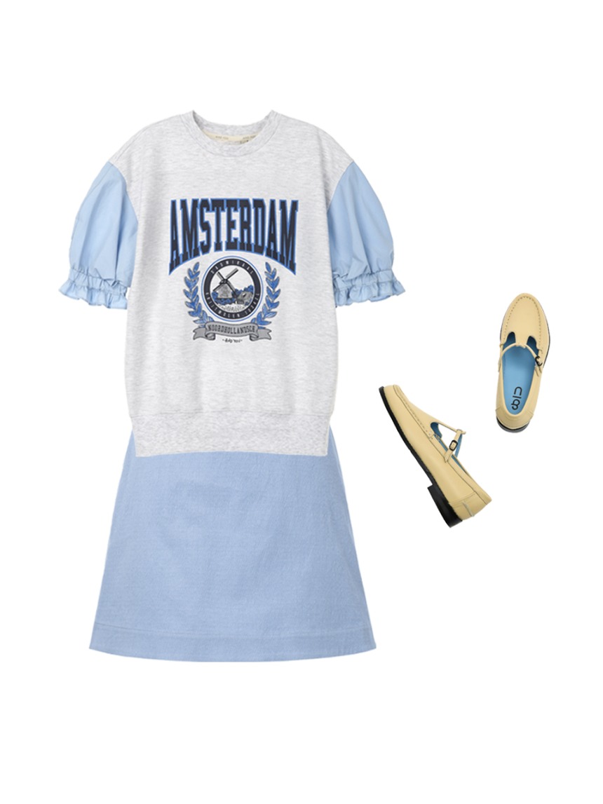 [SET]AMSTERDAM Frill sleeve city artwork sweatshirt (Melange gray&amp;Blue) + KUKIO skirt (Dark pastel blue)