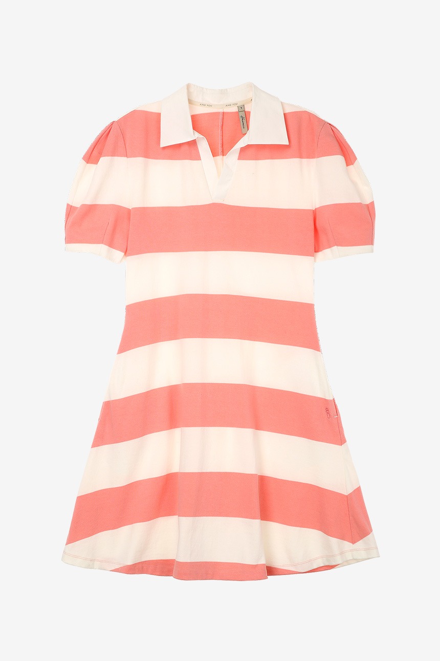 POLOLU V-neck collar stripe short dress (Pink)