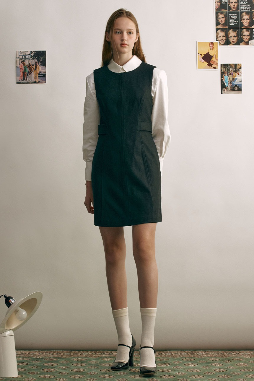 [10/28 예약배송][SET]MOLESEY Round collar shirt (White) + FULHAM Semi A-line mini one piece (Black)