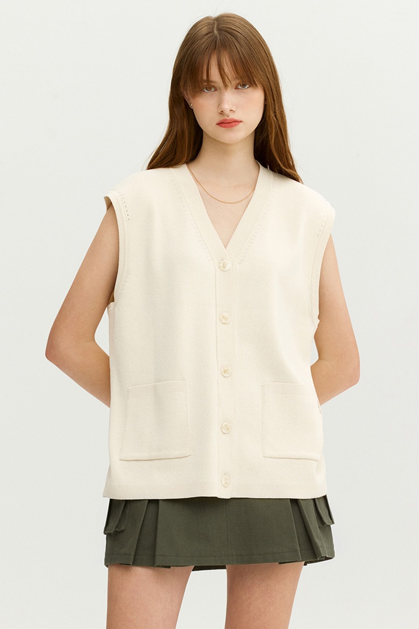 RAVELLO V-neck open knit vest (Ivory)