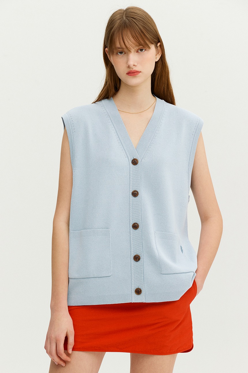 RAVELLO V-neck open knit vest (Light blue)