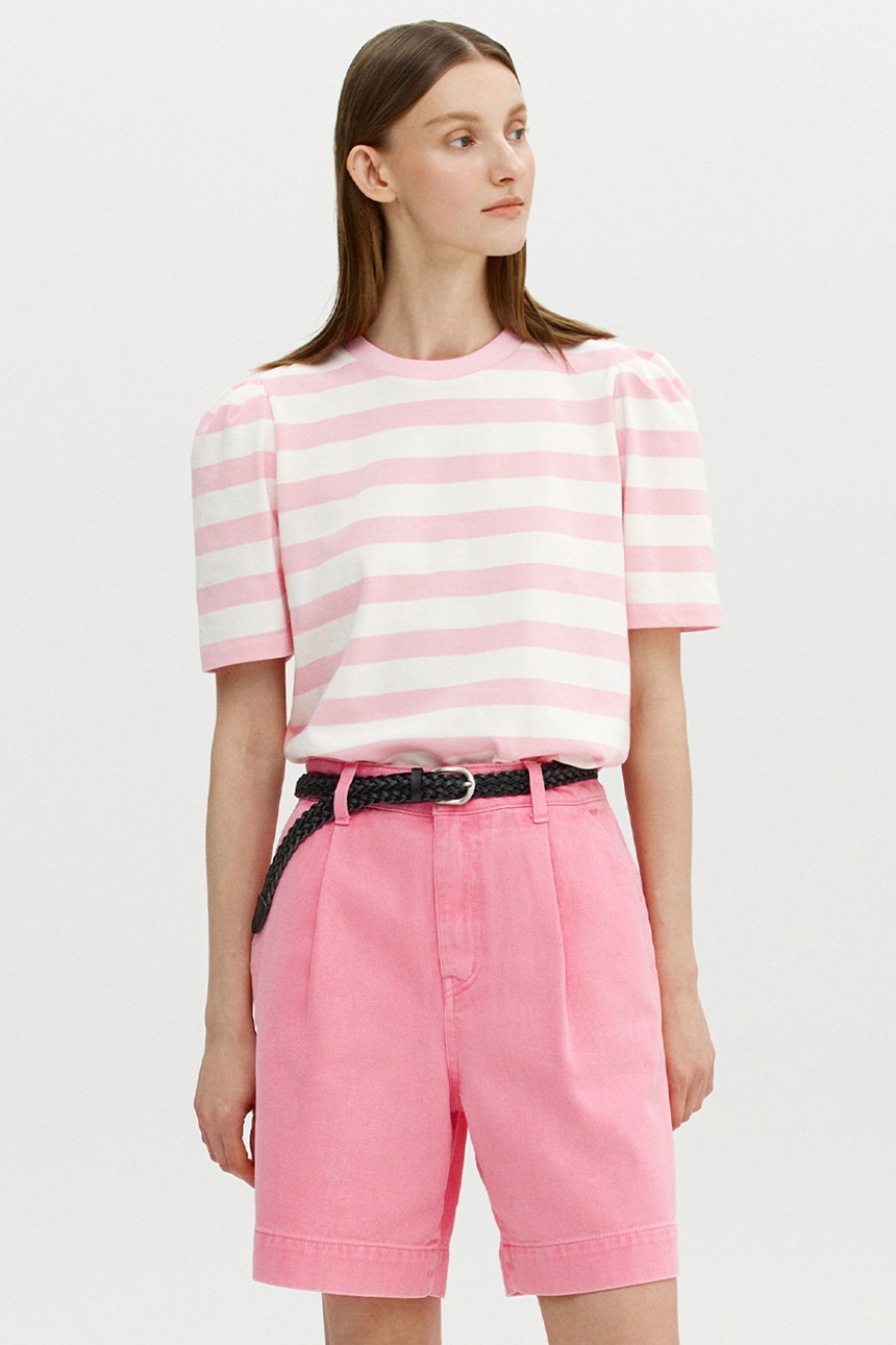 TITUS Stripe puff sleeve T-shirt (White&amp;Pink)