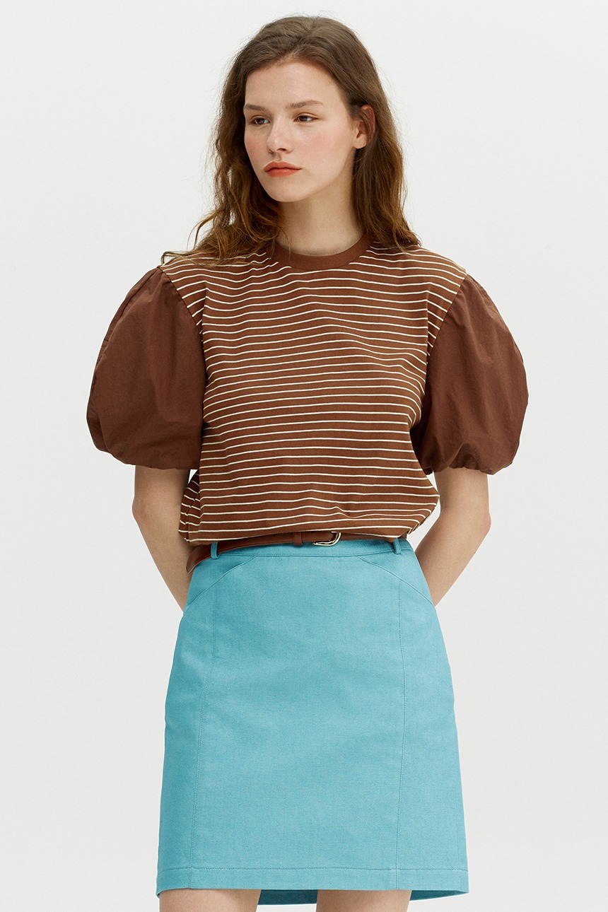 PUBBLICO Balloon sleeve stripe T-shirt (Brown&amp;Ivory)
