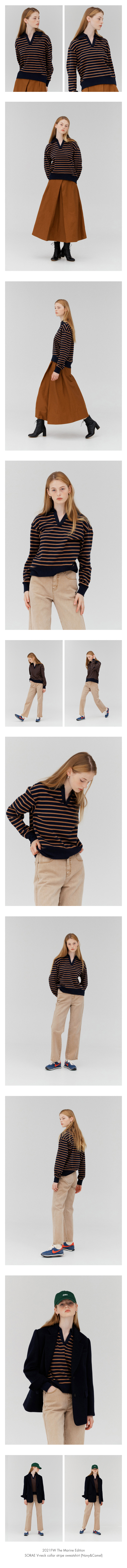 SORAE V-neck collar stripe sweatshirt (Navy&Camel) - andyou 
