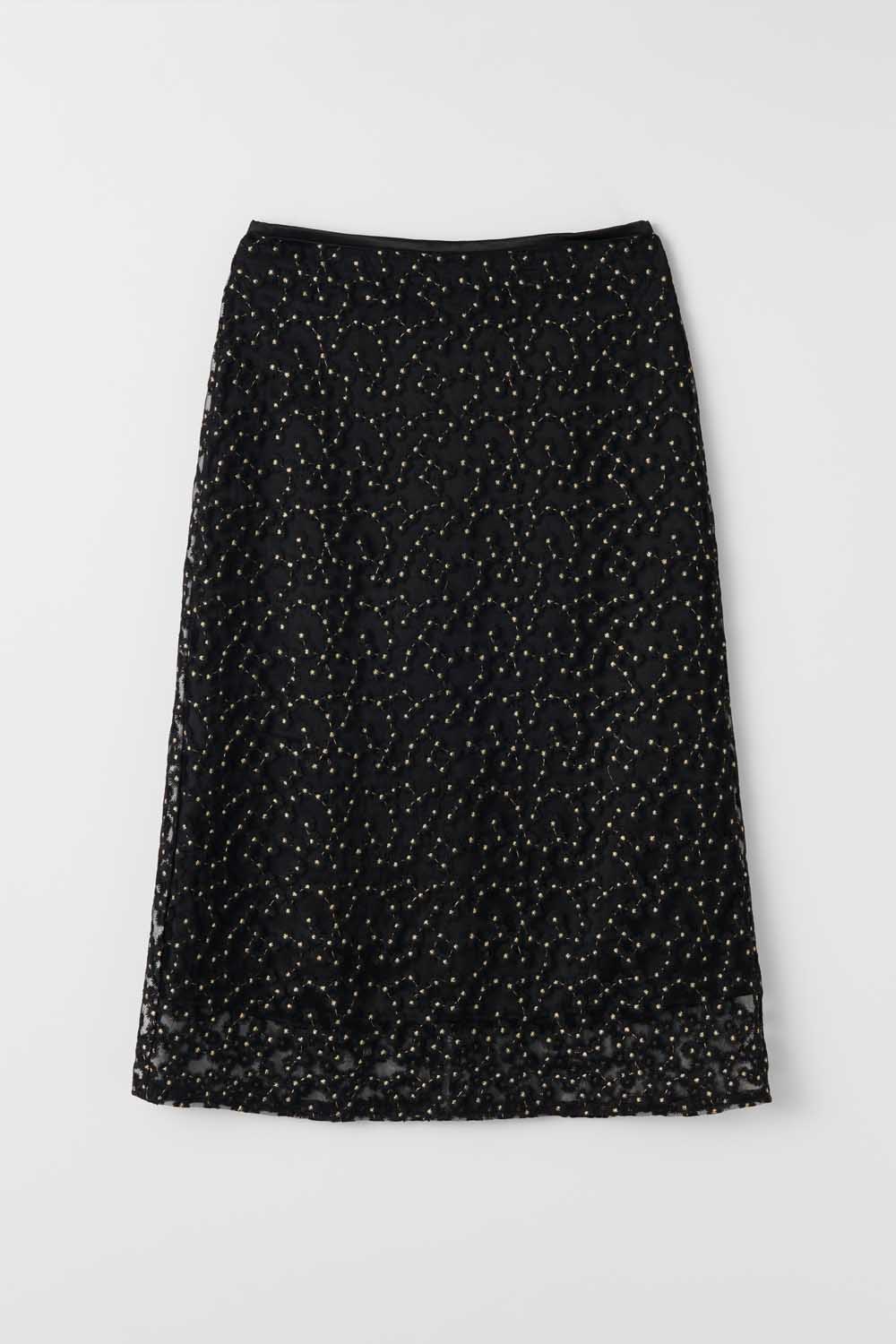 S Flower Pattern layerd Skirt_Black