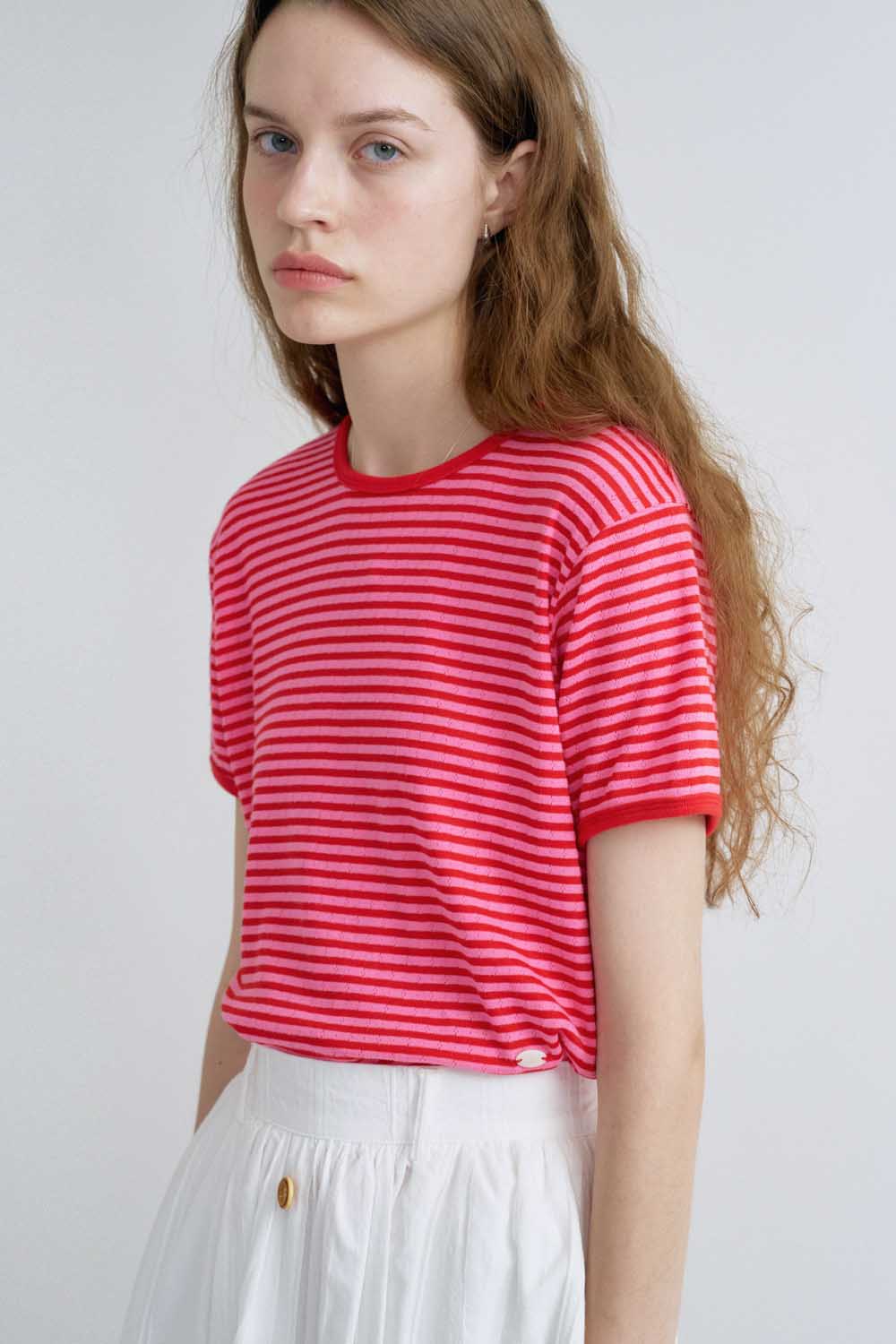 [5/20 예약배송]S Punching Stripe Rip Tshirt_Pink Red